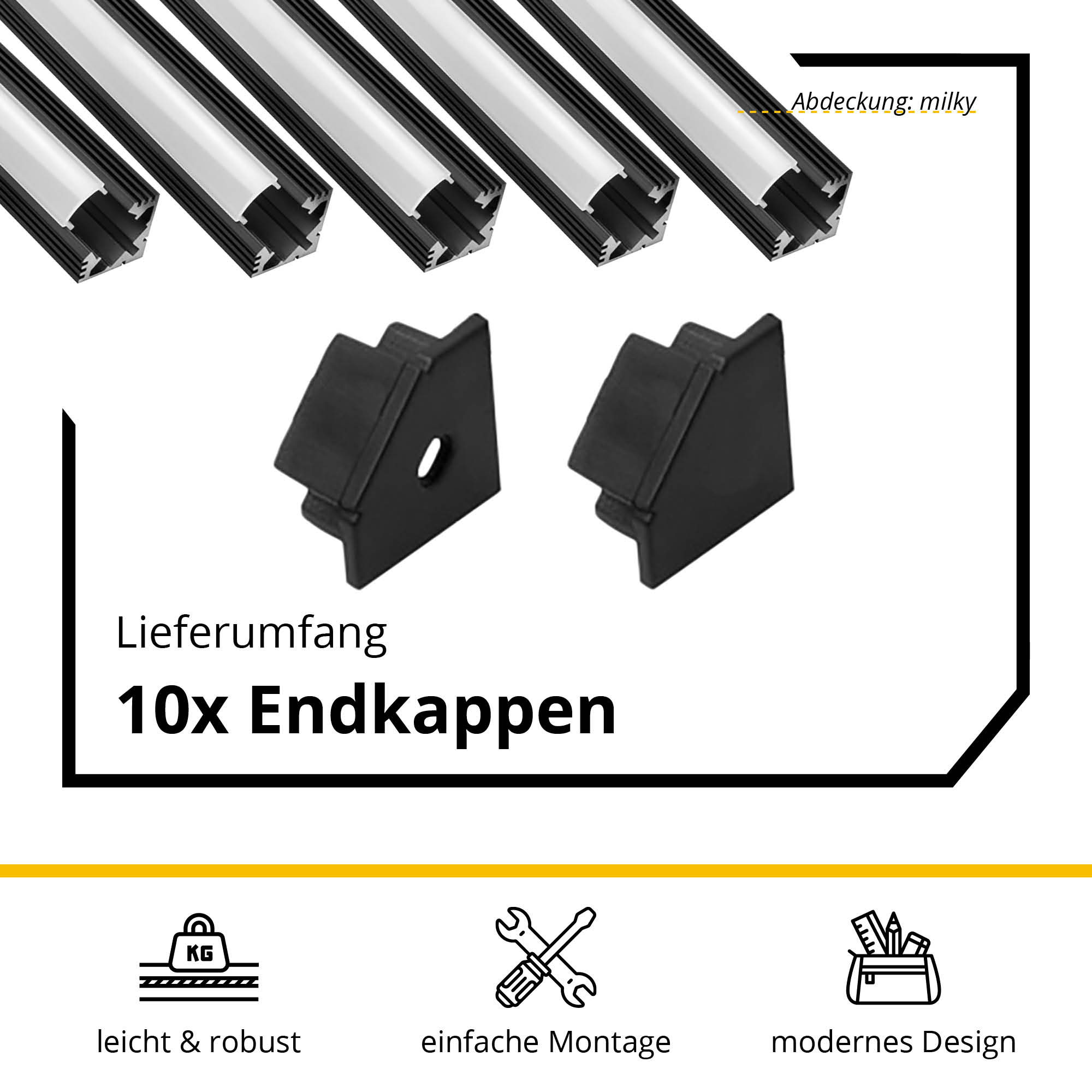 5x A19 LED Profil 2m - Schwarz inkl. Abdeckung milky, Halter & Endkappen