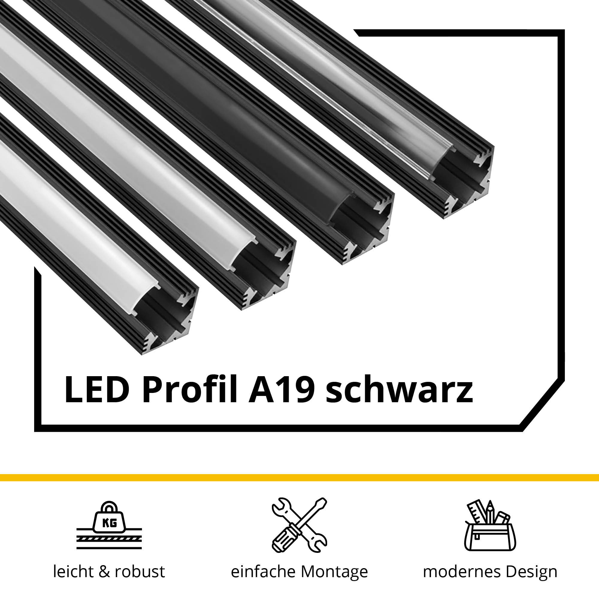A19 LED Aluprofil Schwarz Eckprofil 90° A19 LED Aluprofil Schwarz Eckprofil 90° 2x Halter metall