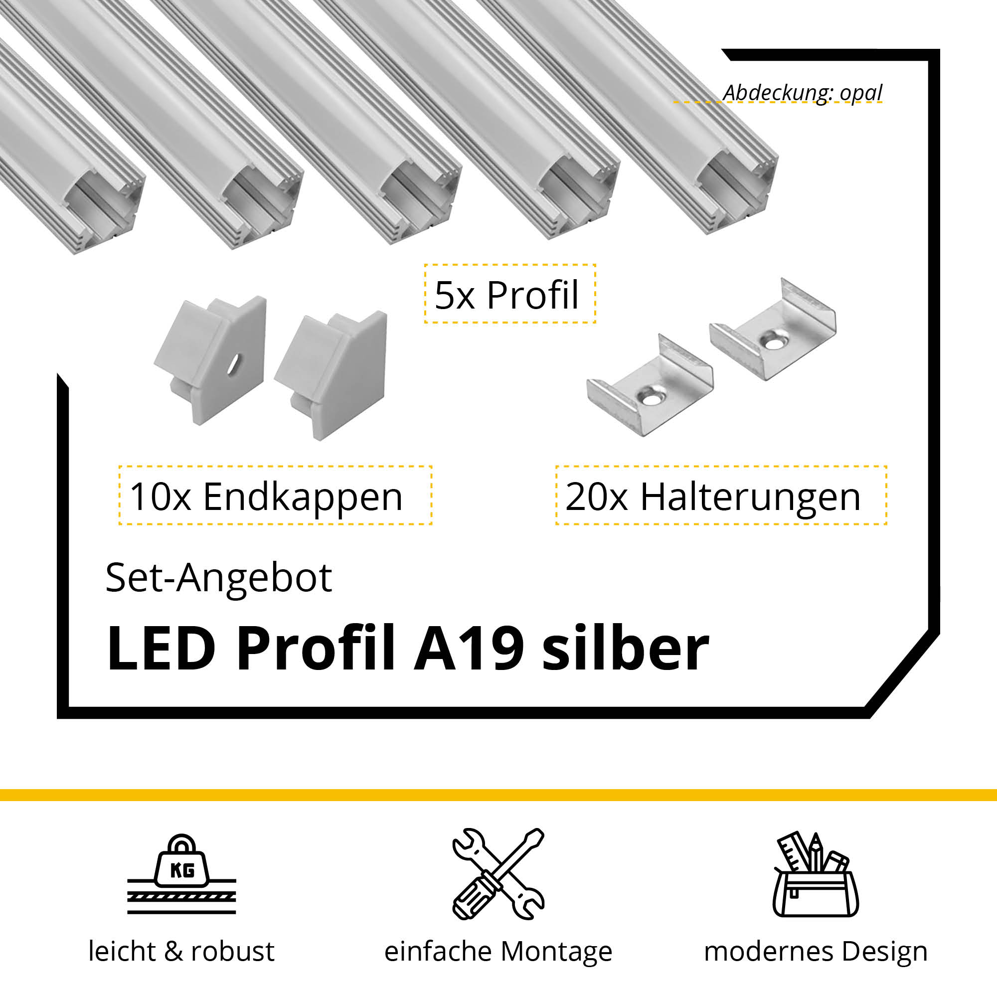 5x A19 LED Profil 2m - Silber inkl. Abdeckung opal, Halter & Endkappen