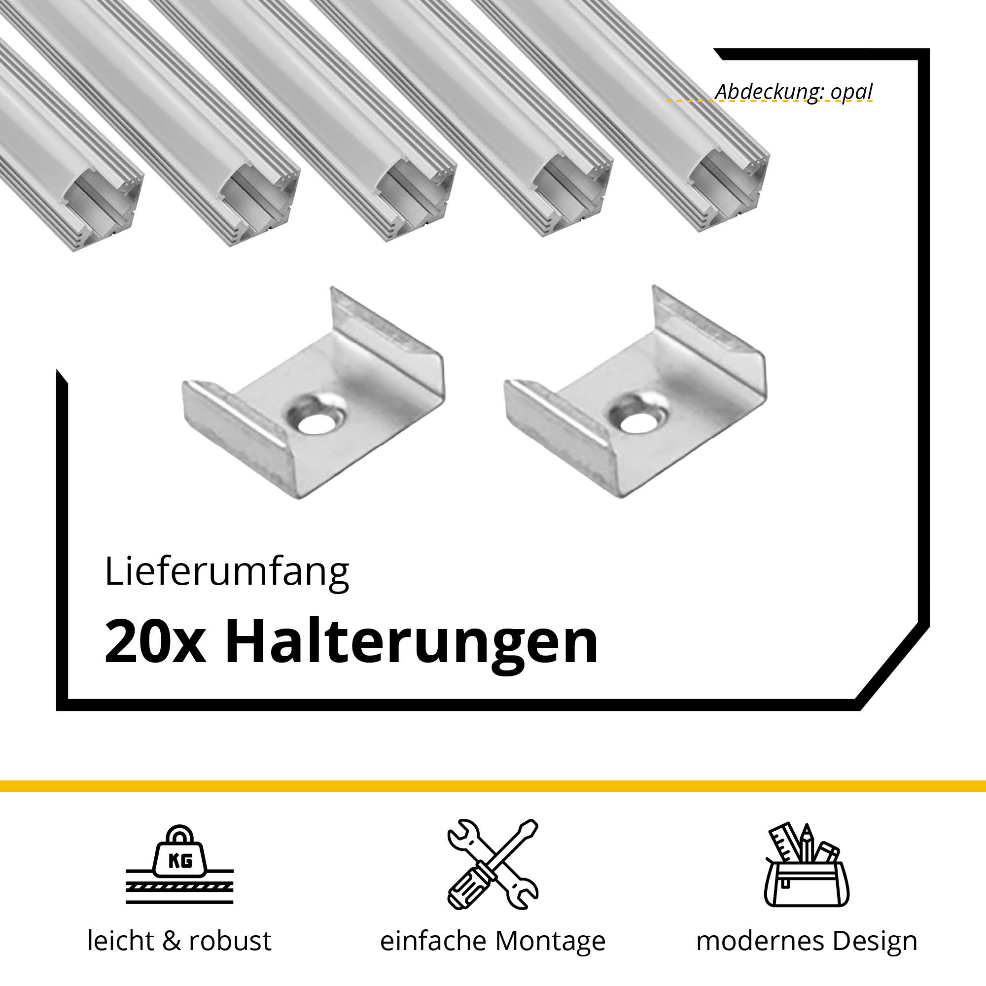 5x A19 LED Profil 2m - Silber inkl. Abdeckung opal, Halter & Endkappen
