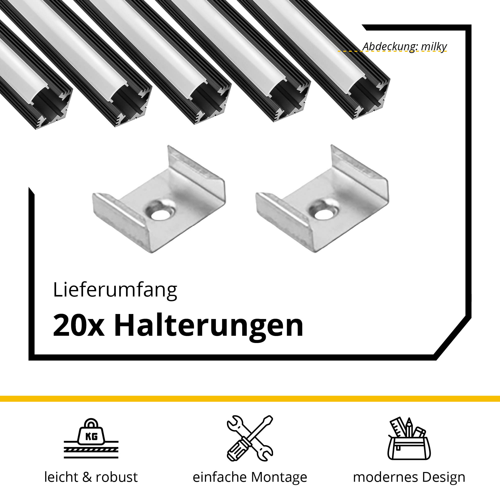 5x A19 LED Profil 2m - Schwarz inkl. Abdeckung milky, Halter & Endkappen 5x A19 LED Profil 2m - Schwarz inkl. Abdeckung milky, Halter & Endkappen